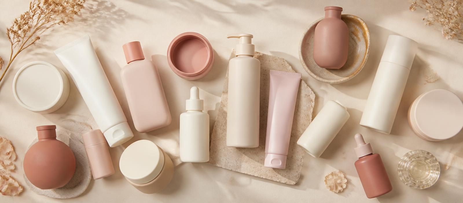 Flat lay of assorted unbranded beauty product containers in ivory and blush tones